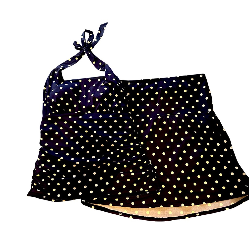 Lands’ End Size 16 Navy & White Polka Dot 2-Piece Swimsuit Halter Skirted